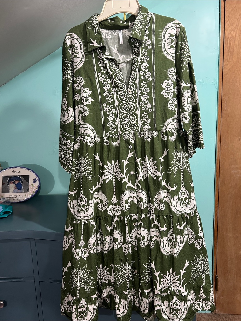 Olive Green & White Printed Tiered Shirt Dress